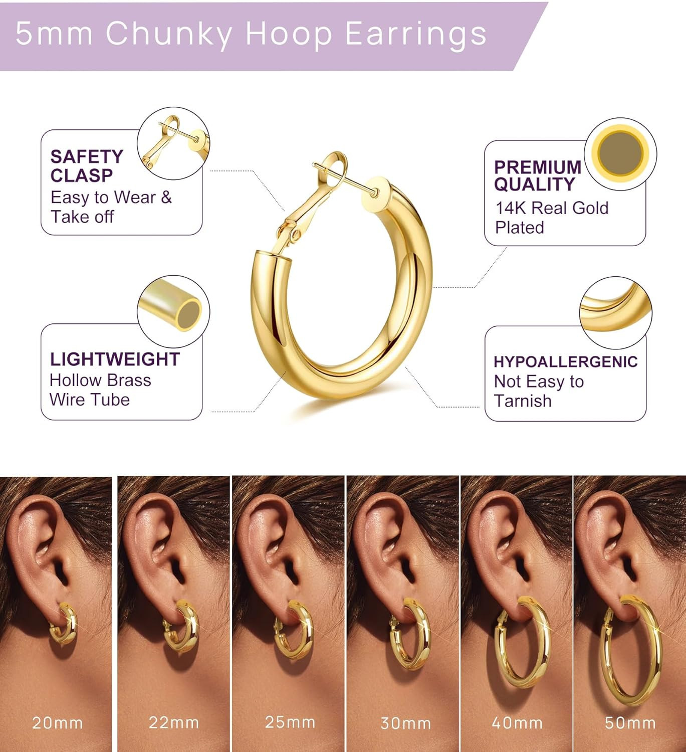 Gold Hoop Earrings for Women Chunky Hoops 14K Gold Plated Thick Hollow Tube Ligh