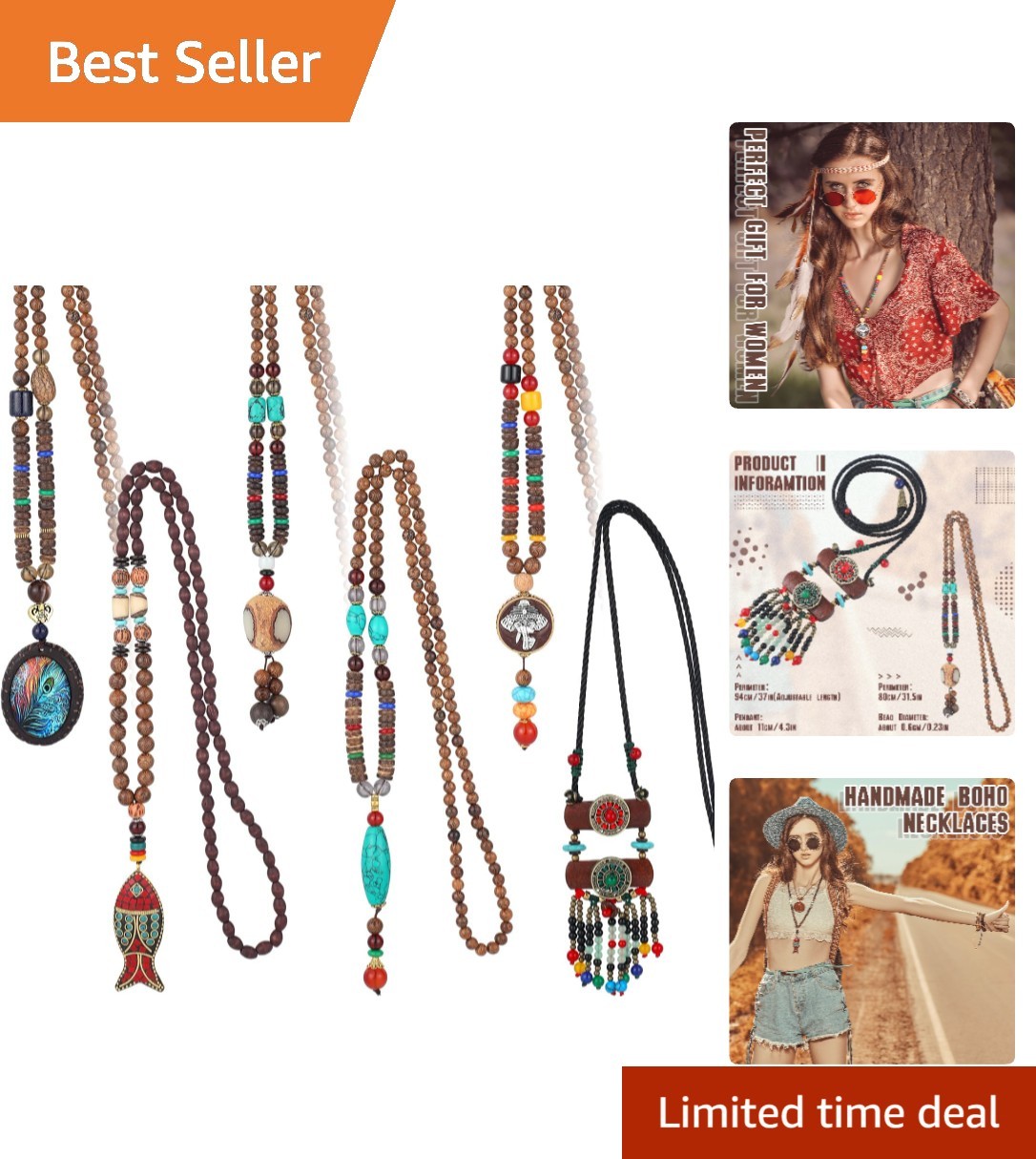 Romantic 6 Pcs Wooden Bohemian Necklaces – Versatile Jewelry for Every Occasion
