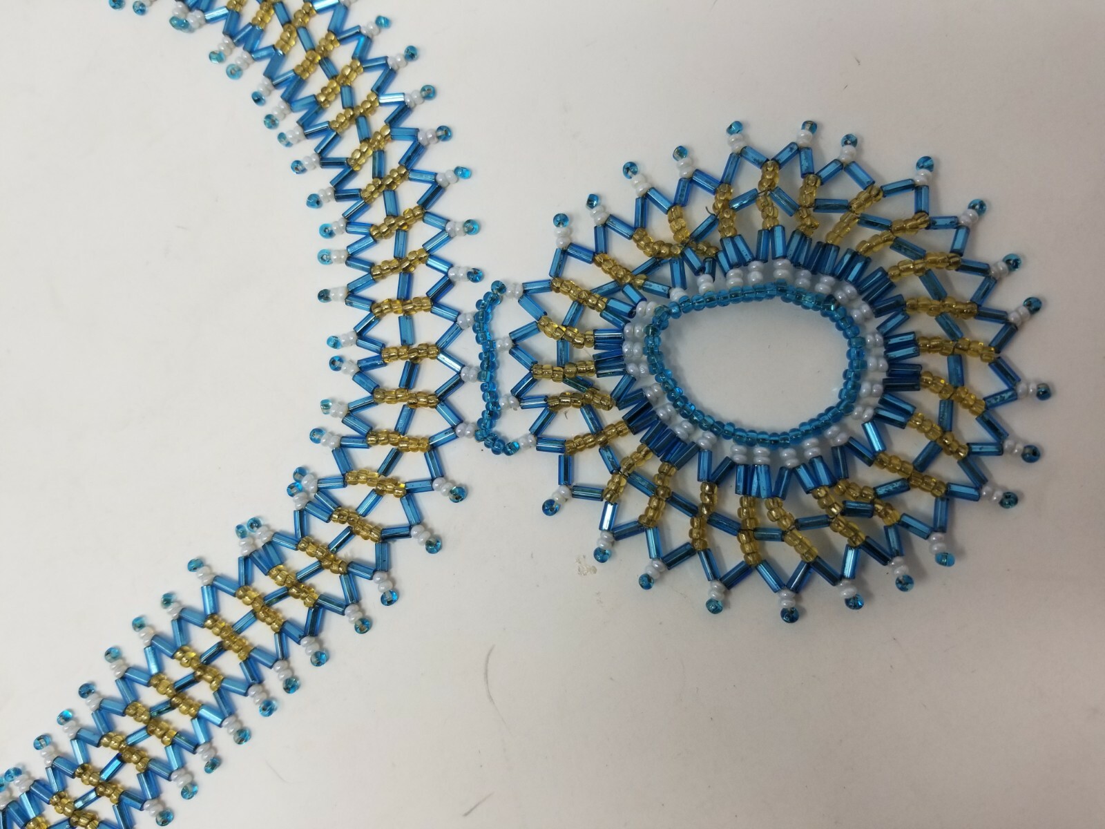 Native Style American Beaded Necklace~Blue, gold, white~Boho, Hippie~Circle