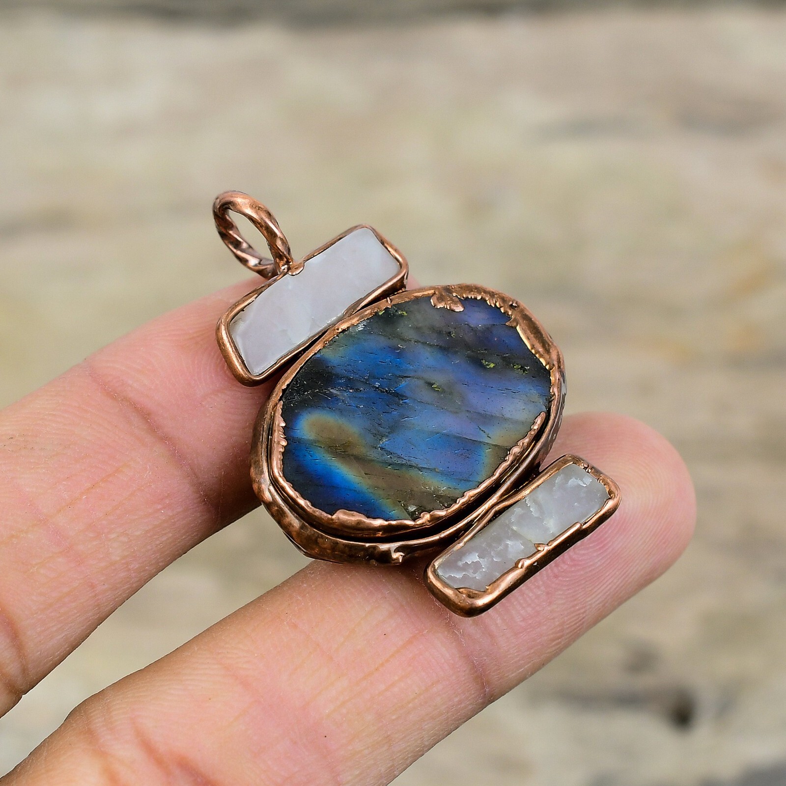 Labradorite Rough Gemstone Jewelry Copper Electroformed Pendant For Girls 1.73″