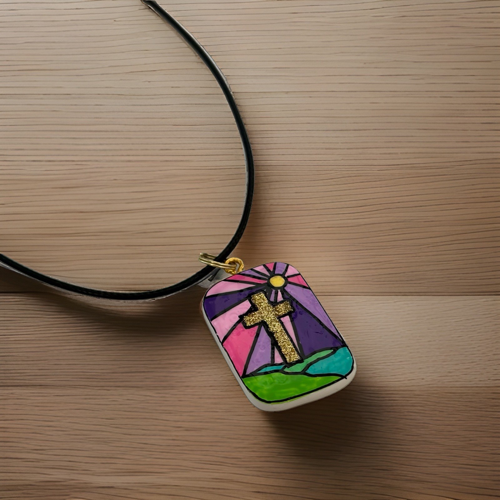 Christian Handmade/Handpainted Multicolor Charm Pendant Necklace on Black Cord