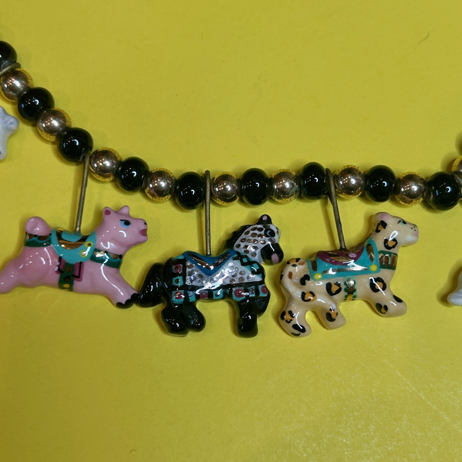 Vintage Ceramic “Flying Colors” Carousel Animals Necklace Horse Lion Zebra