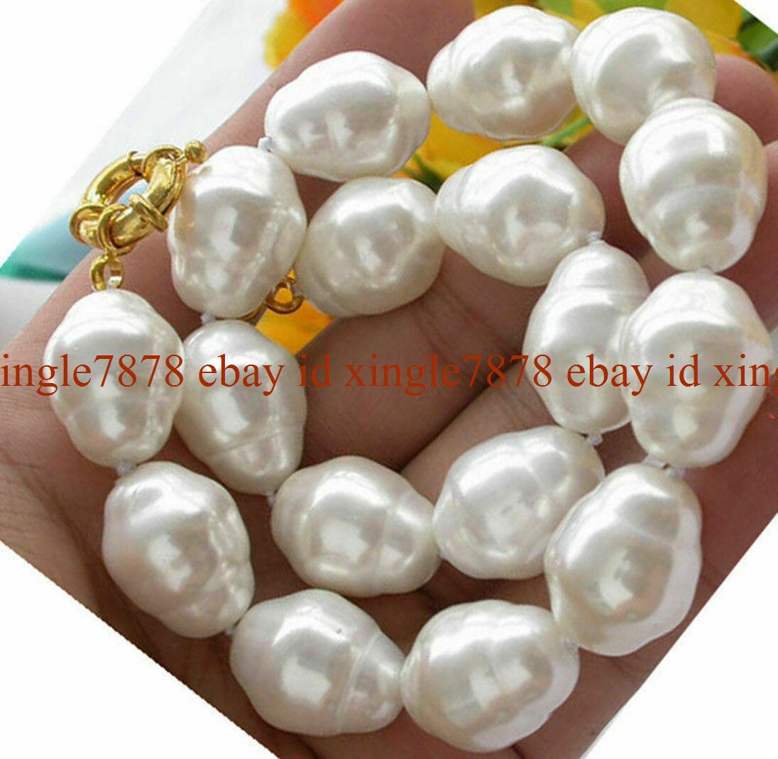 LARGE FASHION 20MM SOUTH SEA WHITE BAROQUE SHELL PEARL NECKLACE 16-28″