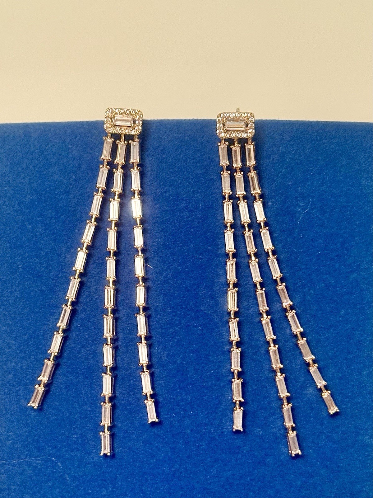 JCM 925SS/GOLD VERMEIL~ BAGUETTE CUBIC ZIRCONIA 2.75” DROP DANGLE EARRINGS NIB*