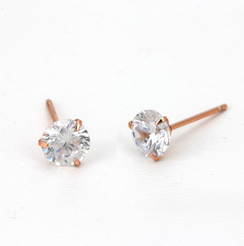 925 Sterling Silver Rose Gold Plated Round Cubic Zirconia Clear CZ Stud Earrings