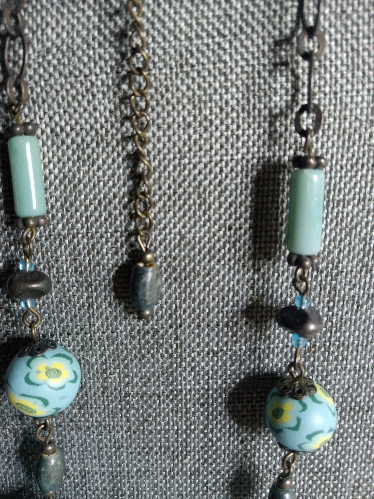 Vintage Turquoise Crocheted Blue flower Beads Necklace Multii-Strand Tassel