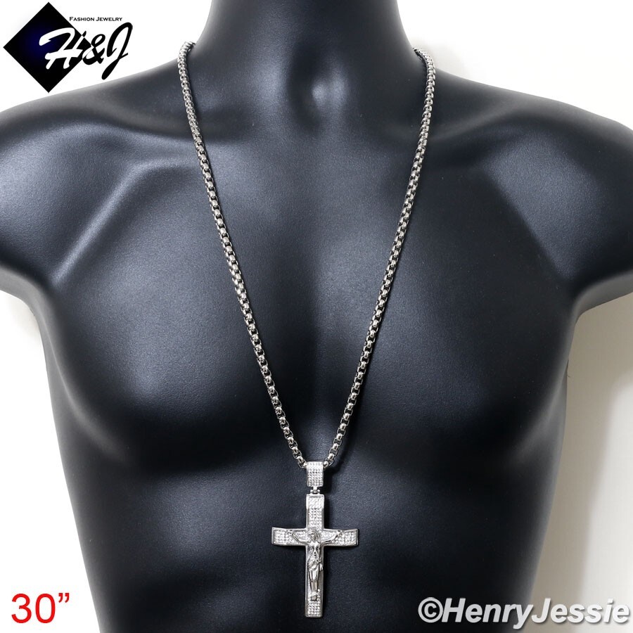 30″MEN Stainless Steel 5mm Silver Box Link Chain BIG ICY CZ Cross Pendant*IP142