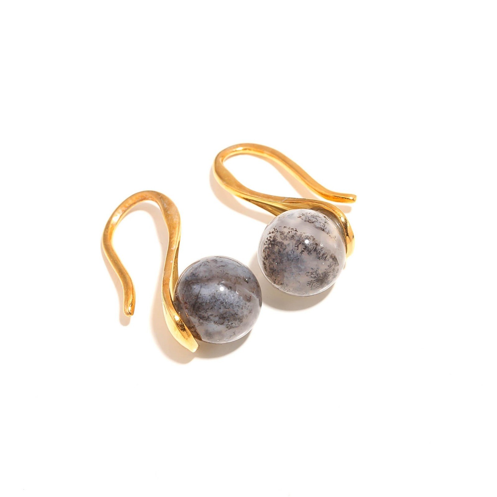 Natural Dendrite Opal Ball Dangle Earrings Gold Fill 925 Sterling Silver Jewelry