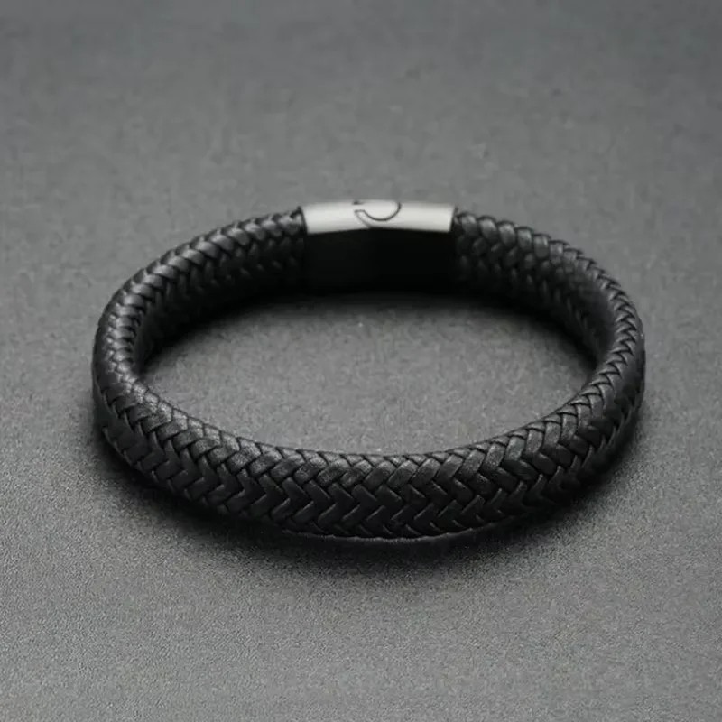 Men’s Black PU Leather Magnetic Bracelet Stylish Cuff Bangle Jewelry Gift