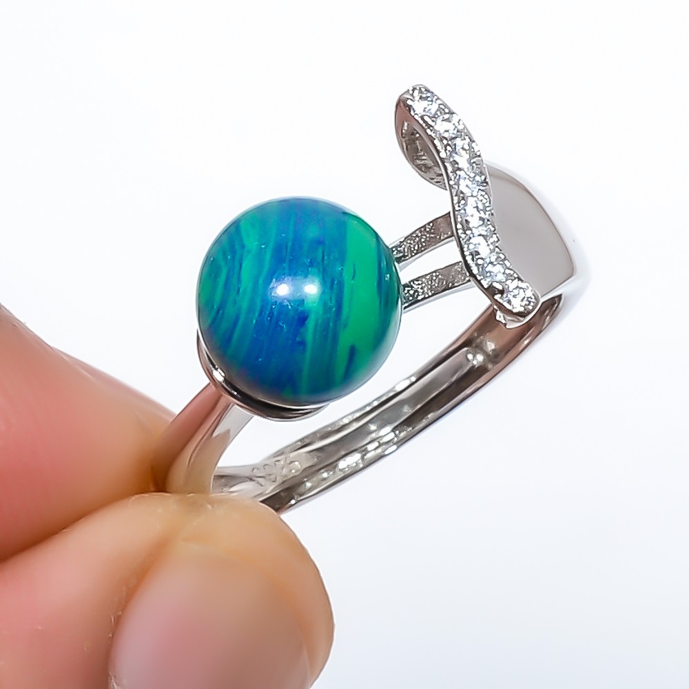 Azurite Malachite & Topaz Gemstone 925 Silver Plated Ring Adjustable (7)