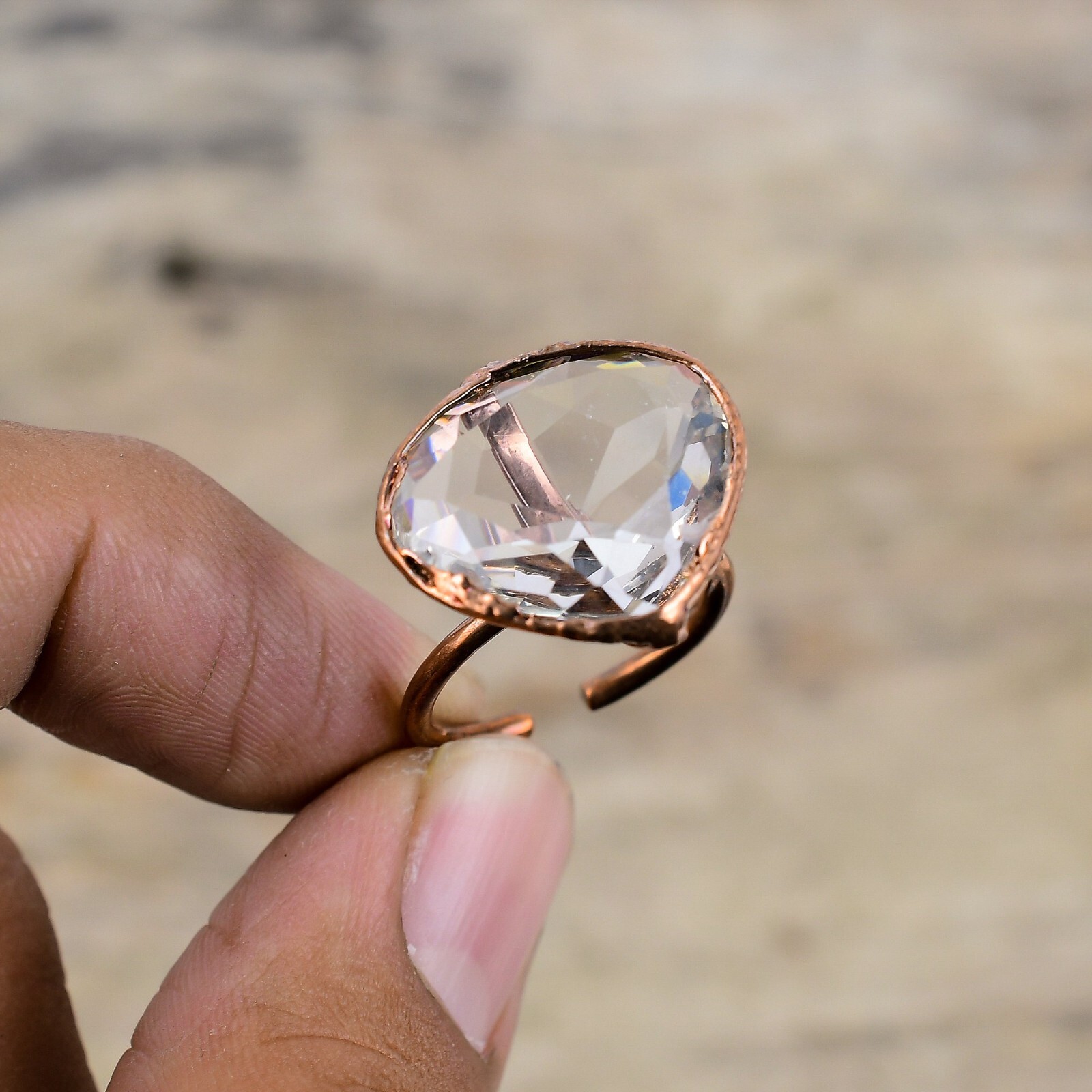White Topaz Copper Love Gift Electroformed Adjustable Ring Size Adjustable