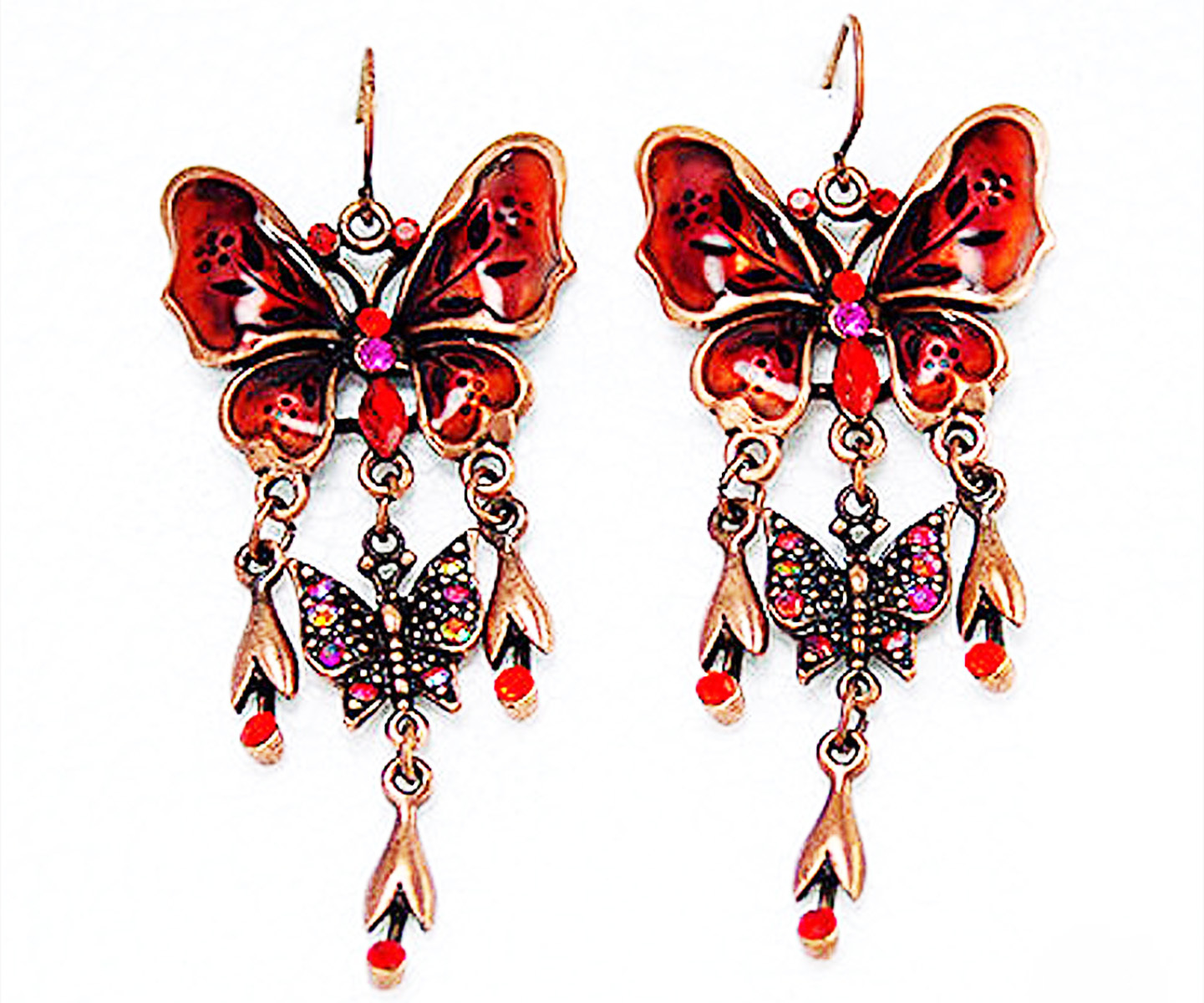 DESIGNER INSPIRED 2.5″ RED CRYSTAL ENAMEL DROP BUTTERFLY HOOK GOLD EARRINGS NEW