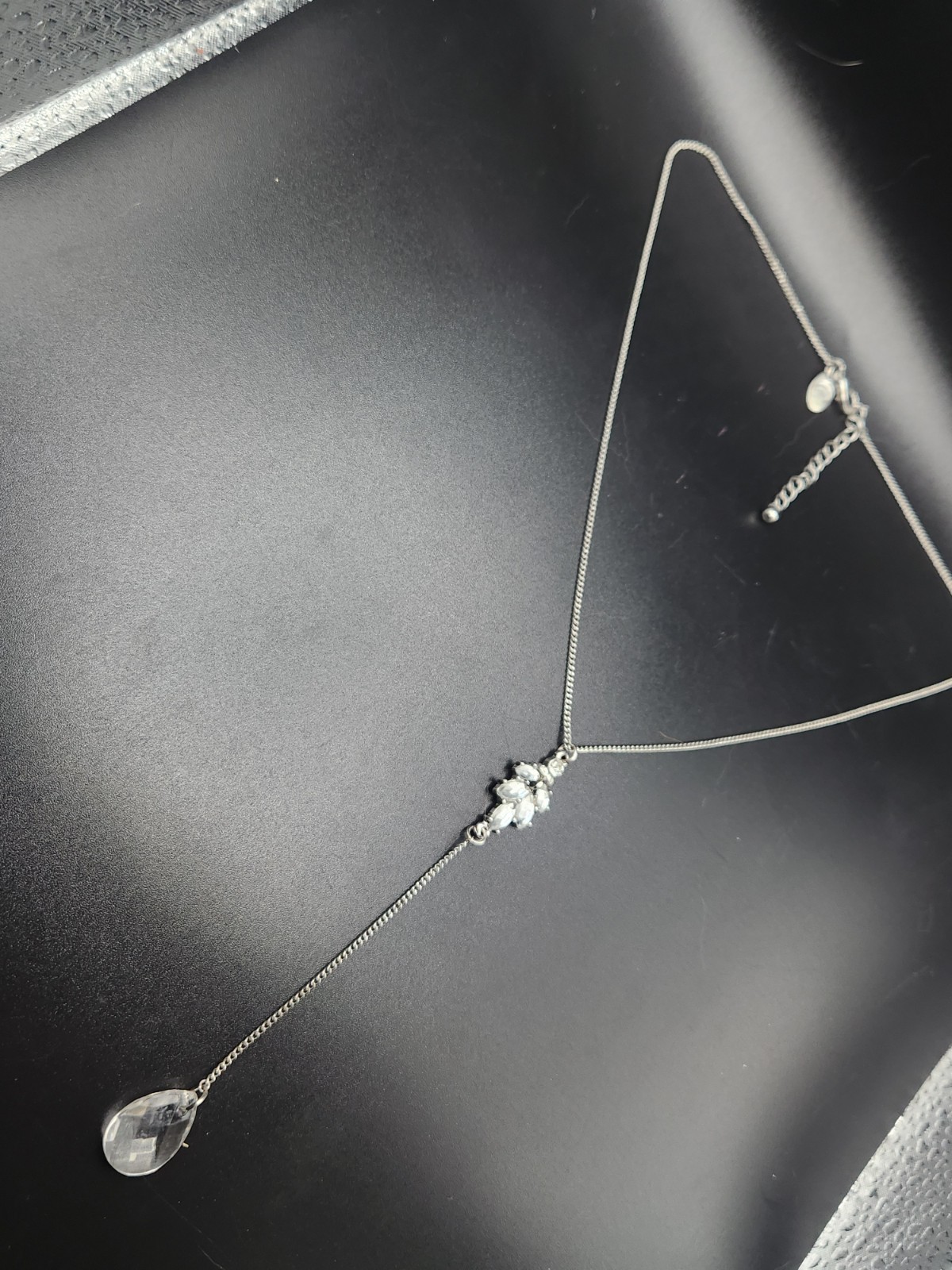 #0033 – Charming Charlie Silver Tone Y Necklace Clear Crystal Teardrop…