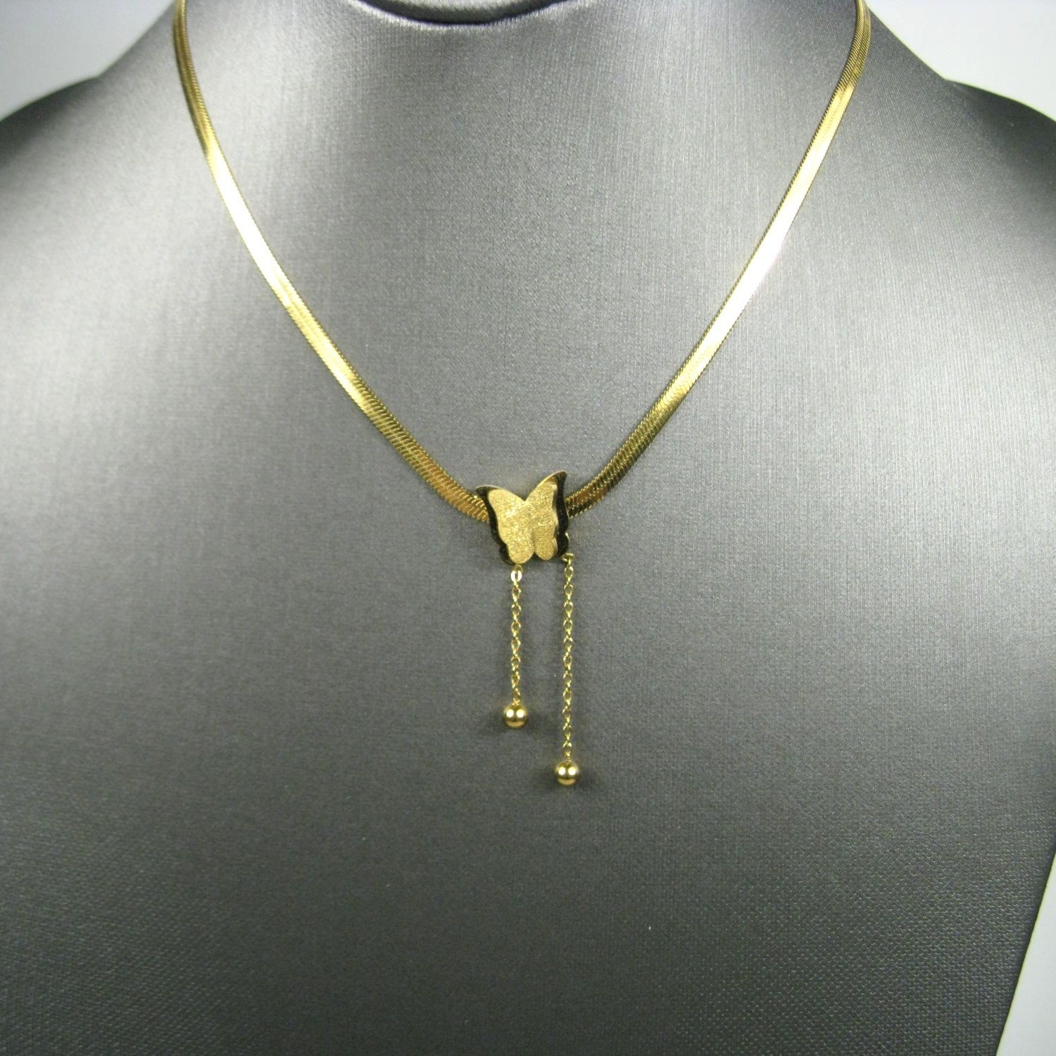 Gold Tone Butterfly Pendant Chain Necklace 16 in Adjustable Choker Collar Sleek