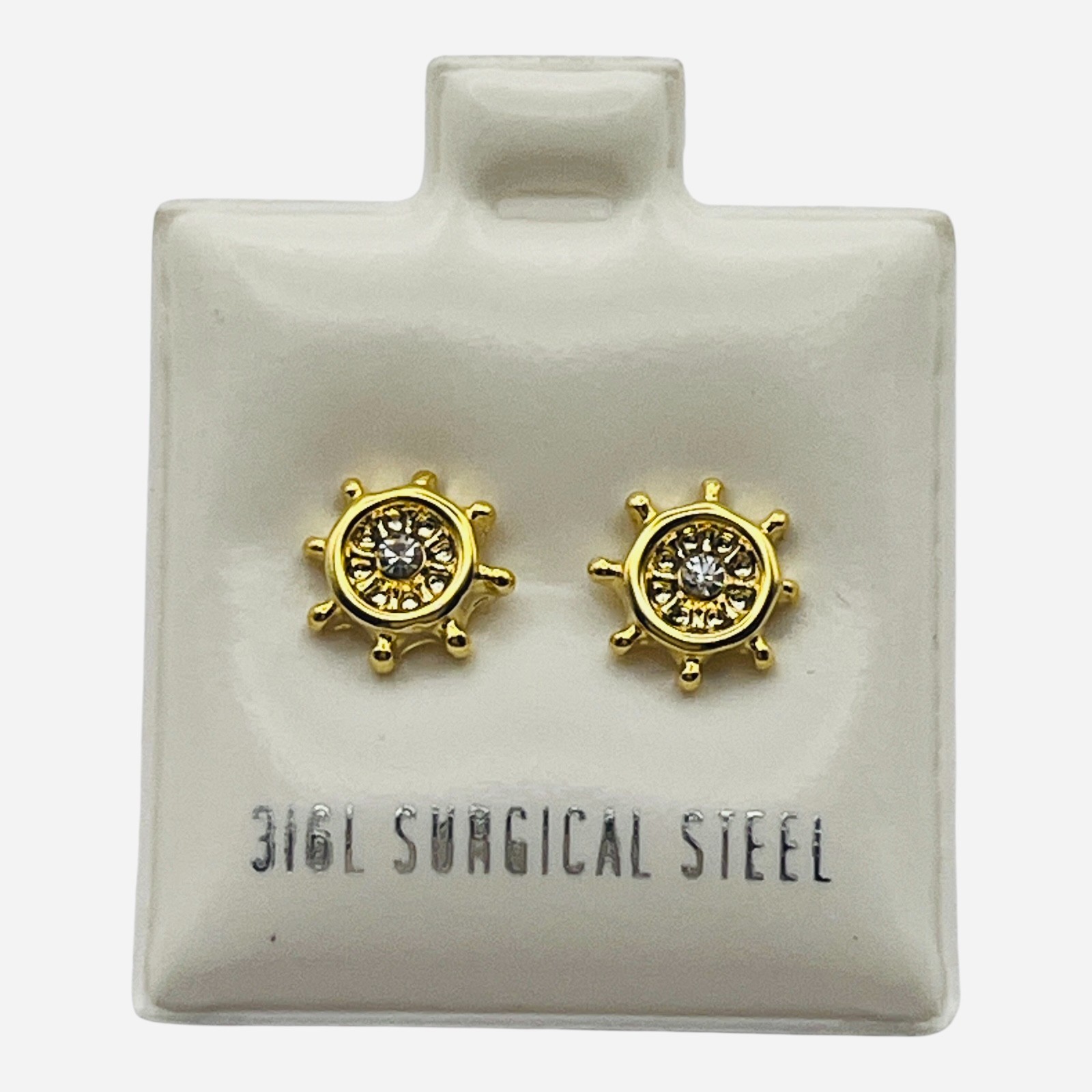 14K Gold Plated 316L Surgical Steel Ship Wheel Stud Earrings 1 CZ Hypoallergenic