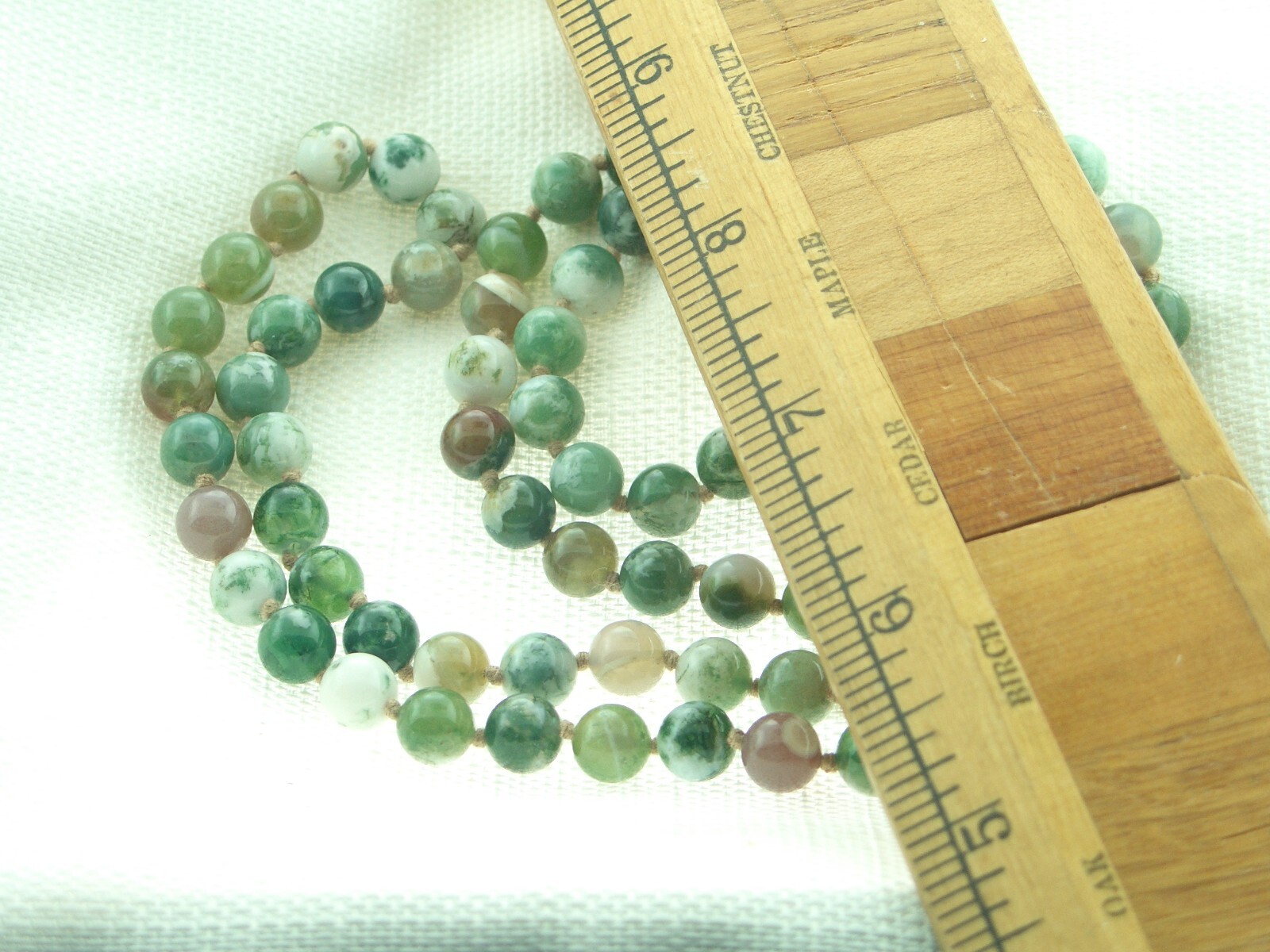 Vintage 8.5mm moss agate natural ball bead necklace strand overhead 30″ EX