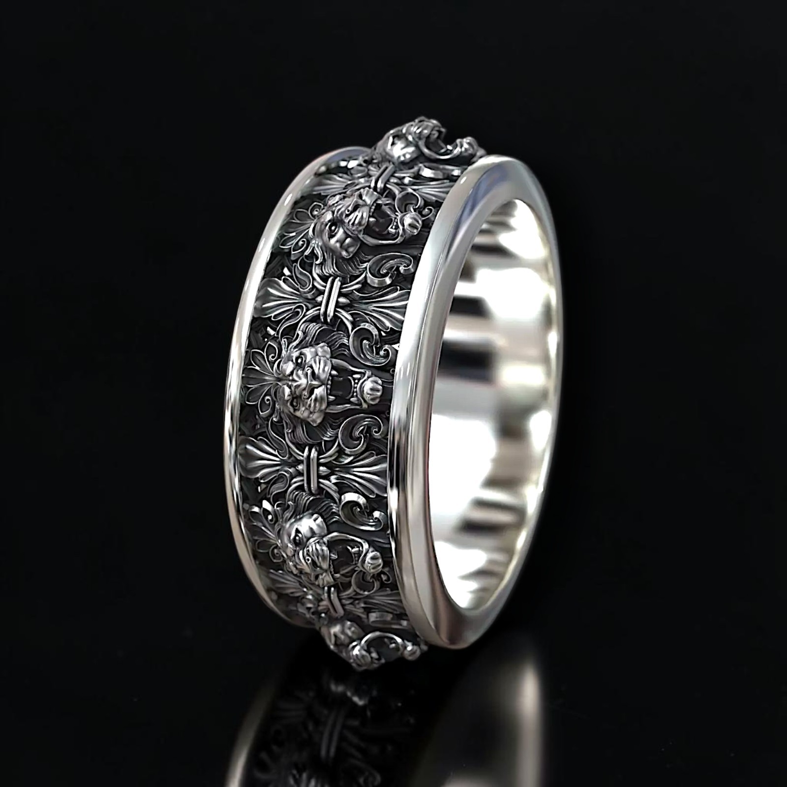 Sterling Silver Lion Head Ring: Victorian Gothic Band for Men