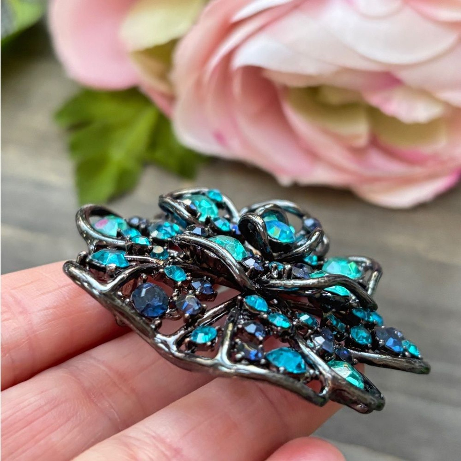 Large Blue and Teal Rhinestone Brooch with Rhodium Finish