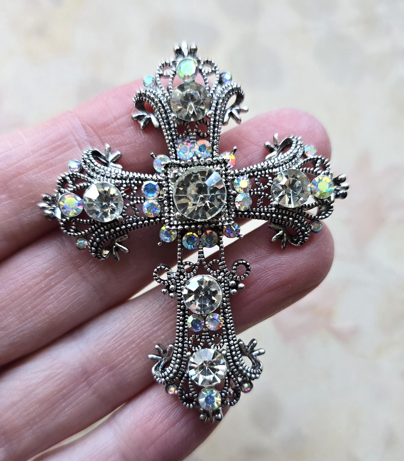 Magnetic Silver Crystal Cross Brooch. Christmas brooch, Easter brooch. Cross pin