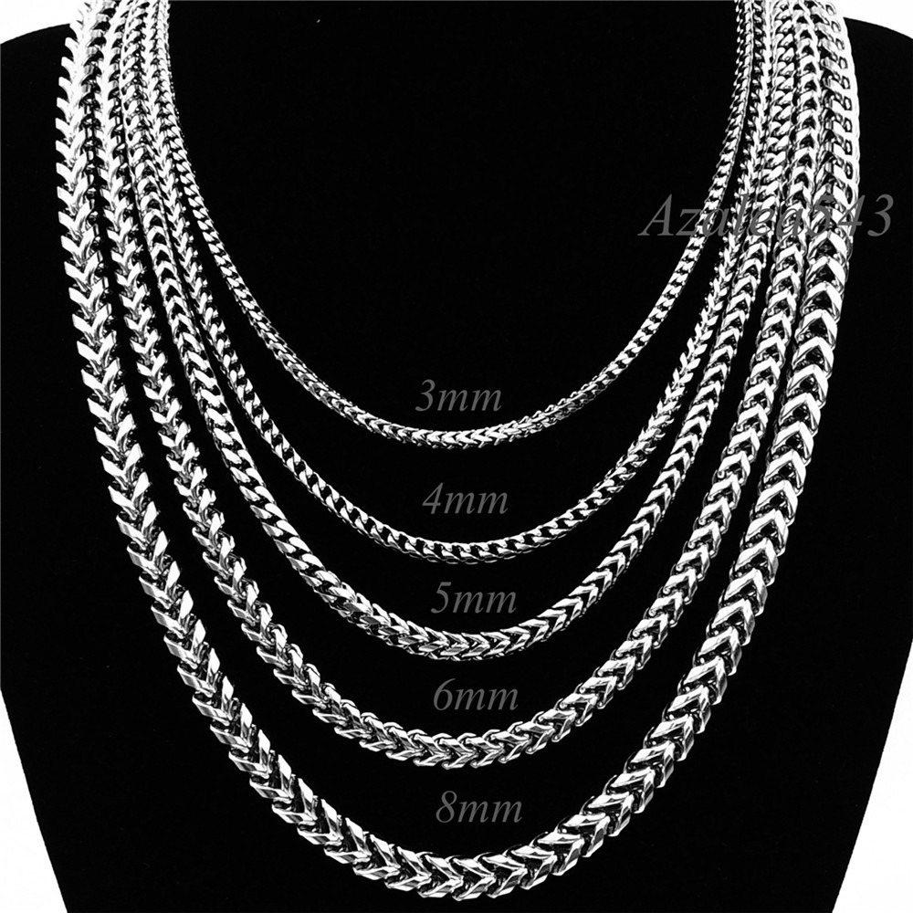 Square Wheat Braided 3/4/5/6/8MM 18″~36″ Silver Stainless Steel Chain Necklace