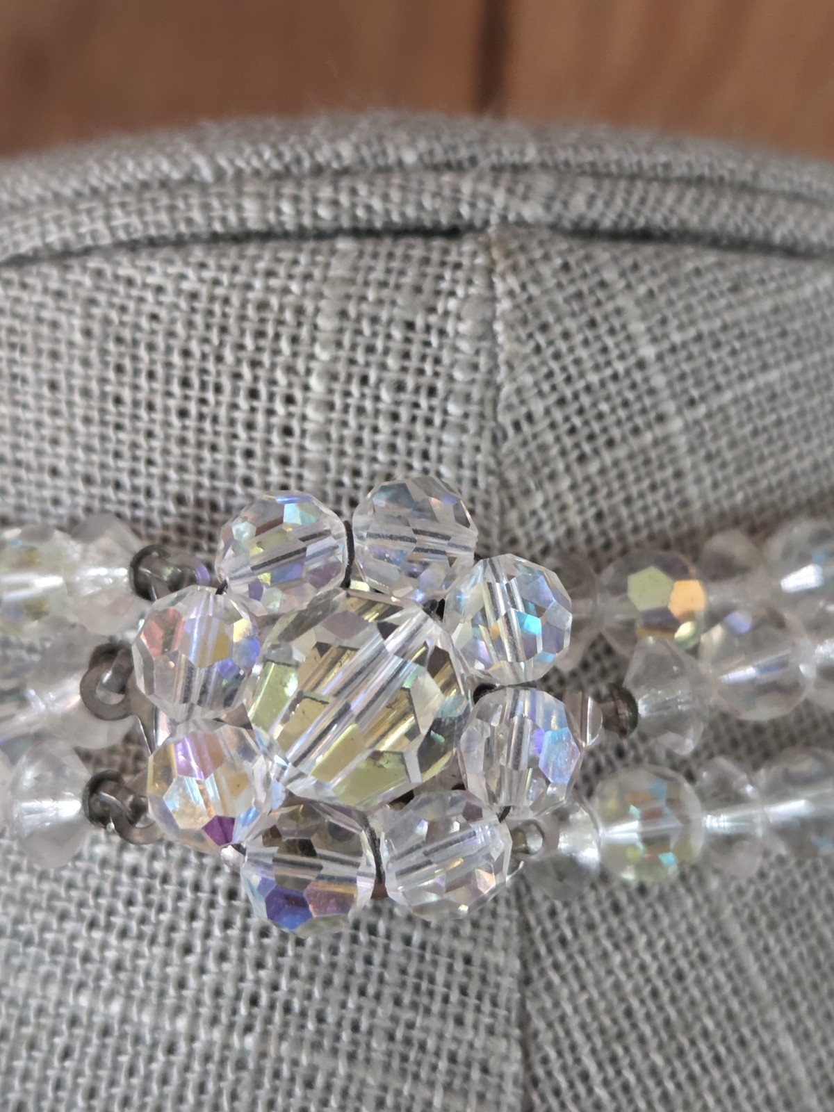 Vtg Multi Strand Aurora Borealis Necklace Faceted 15 In Crystal Flower Clasp AB