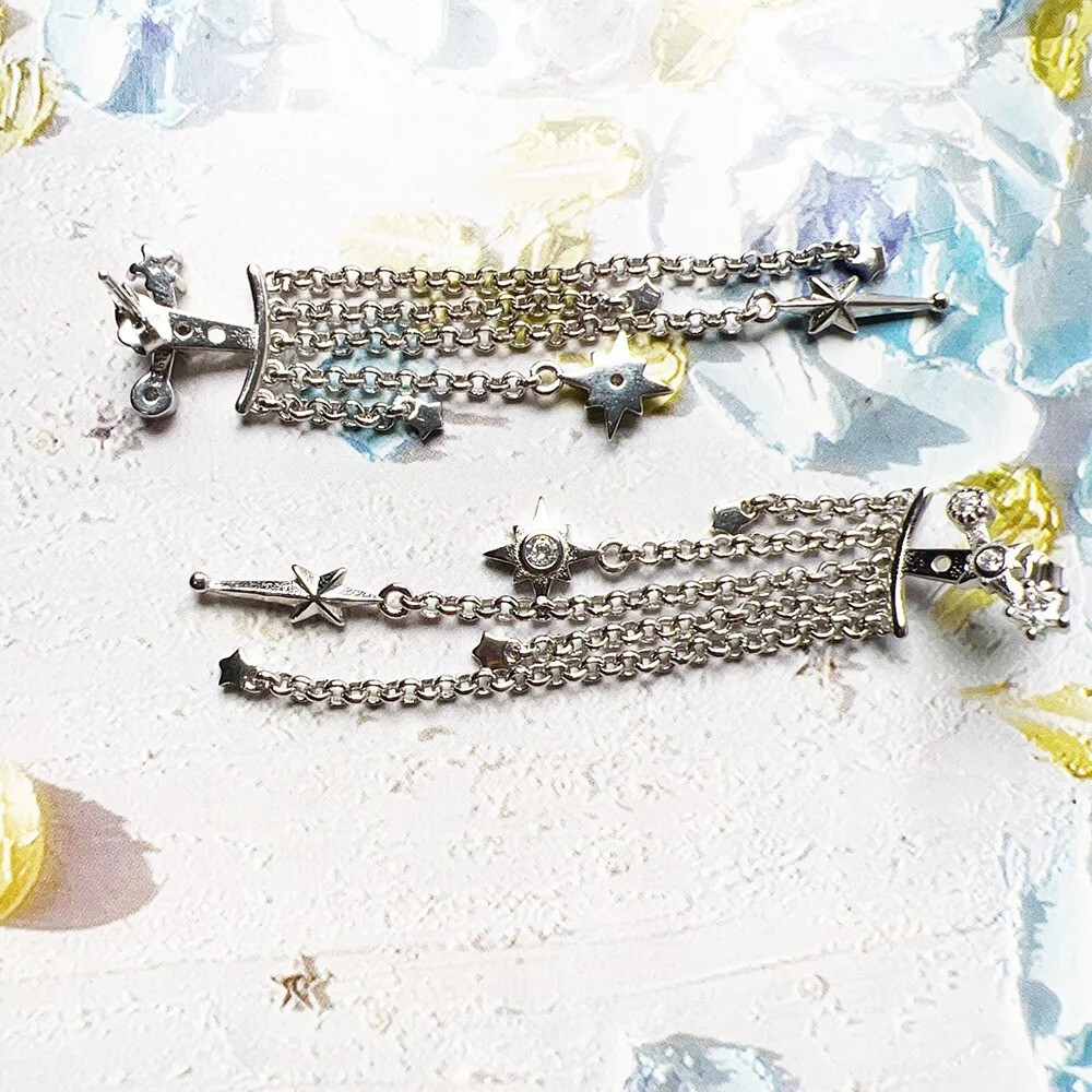 Star Tassle 925 Sterling Silver Dangle Drop Jacket Stud Earrings WG