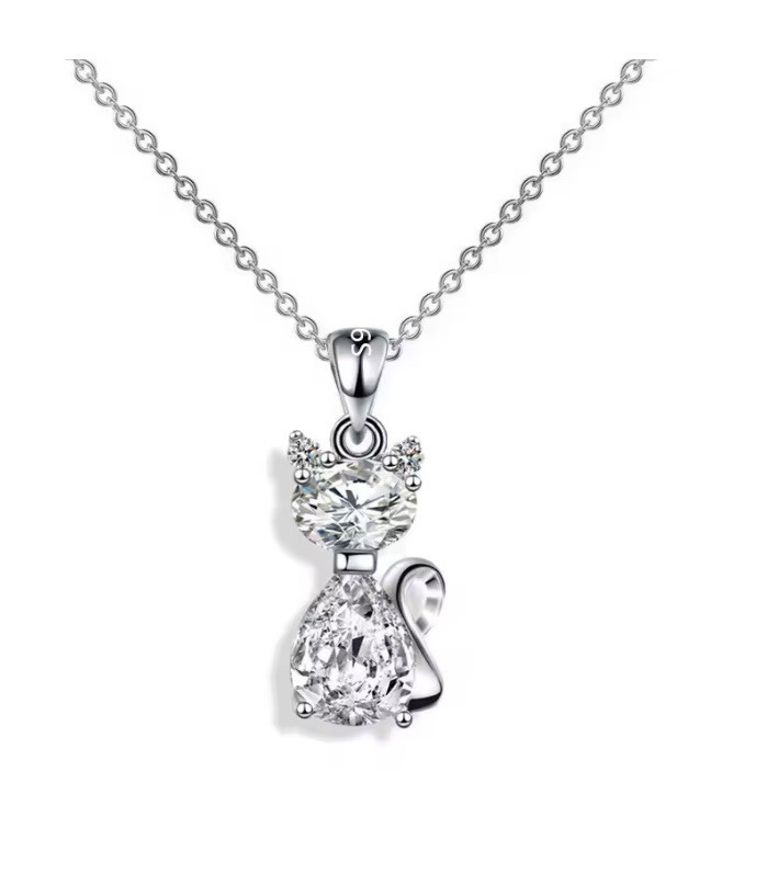 Silver Elegant Cat Clear Crystal Pendant Necklace Fashion Fun Jewelry