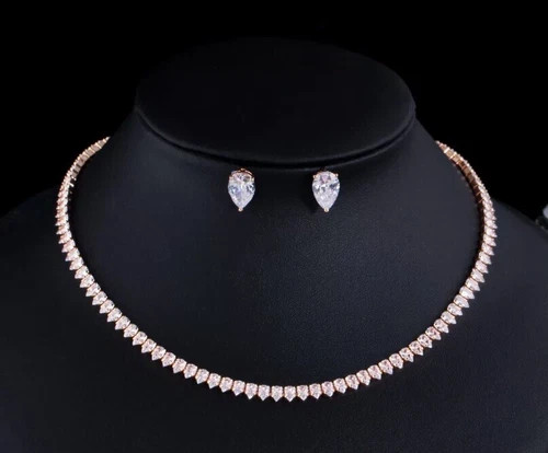 18k Gold Plated Tennis Necklace Earrings Set Made Simulated Diamond Stone New