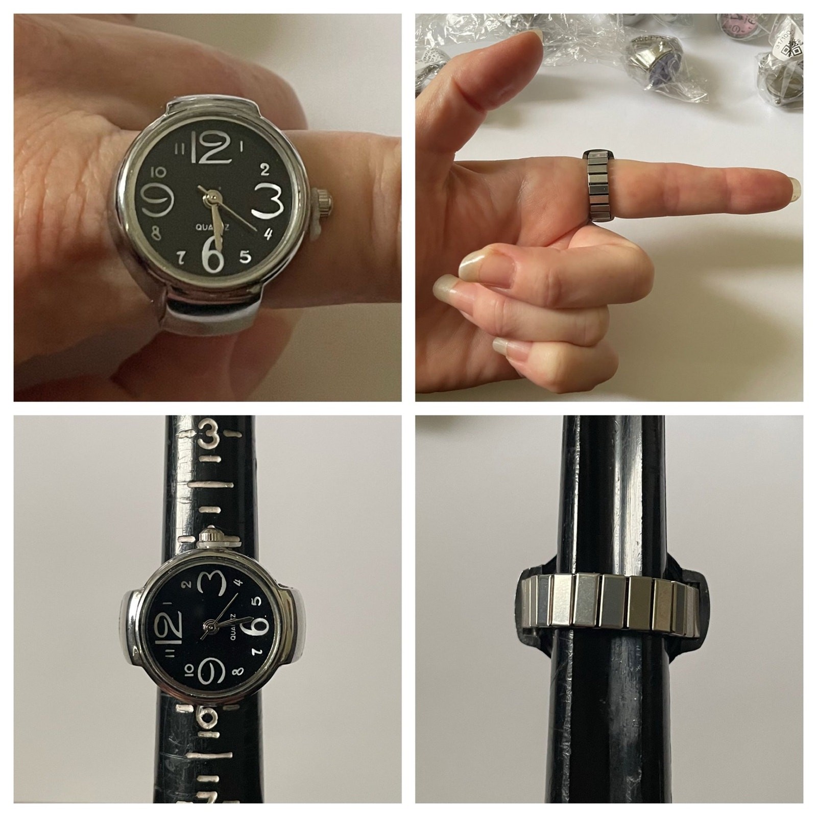 Retro Silver with White Stainless Steel Stretch Band Quartz Movement Ring Watch