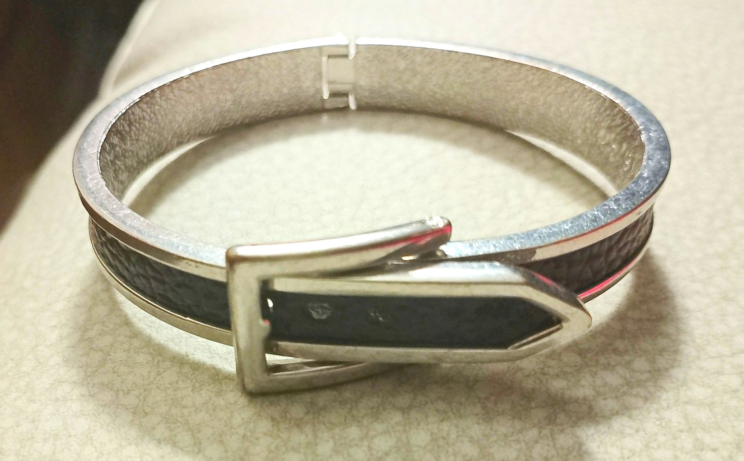 Silver Tone Black Faux Leather Inlay Buckle Bangle Cuff Bracelet Signed 07M6750