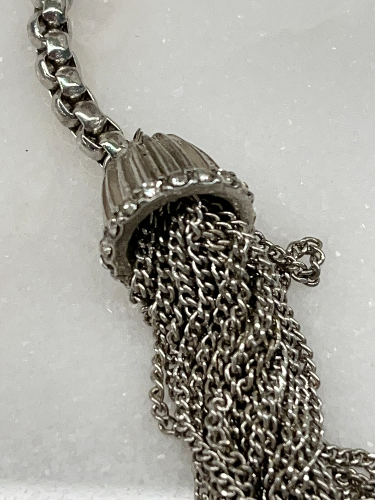 Silver Tone Tassle 19″ Necklace with Rhinestones