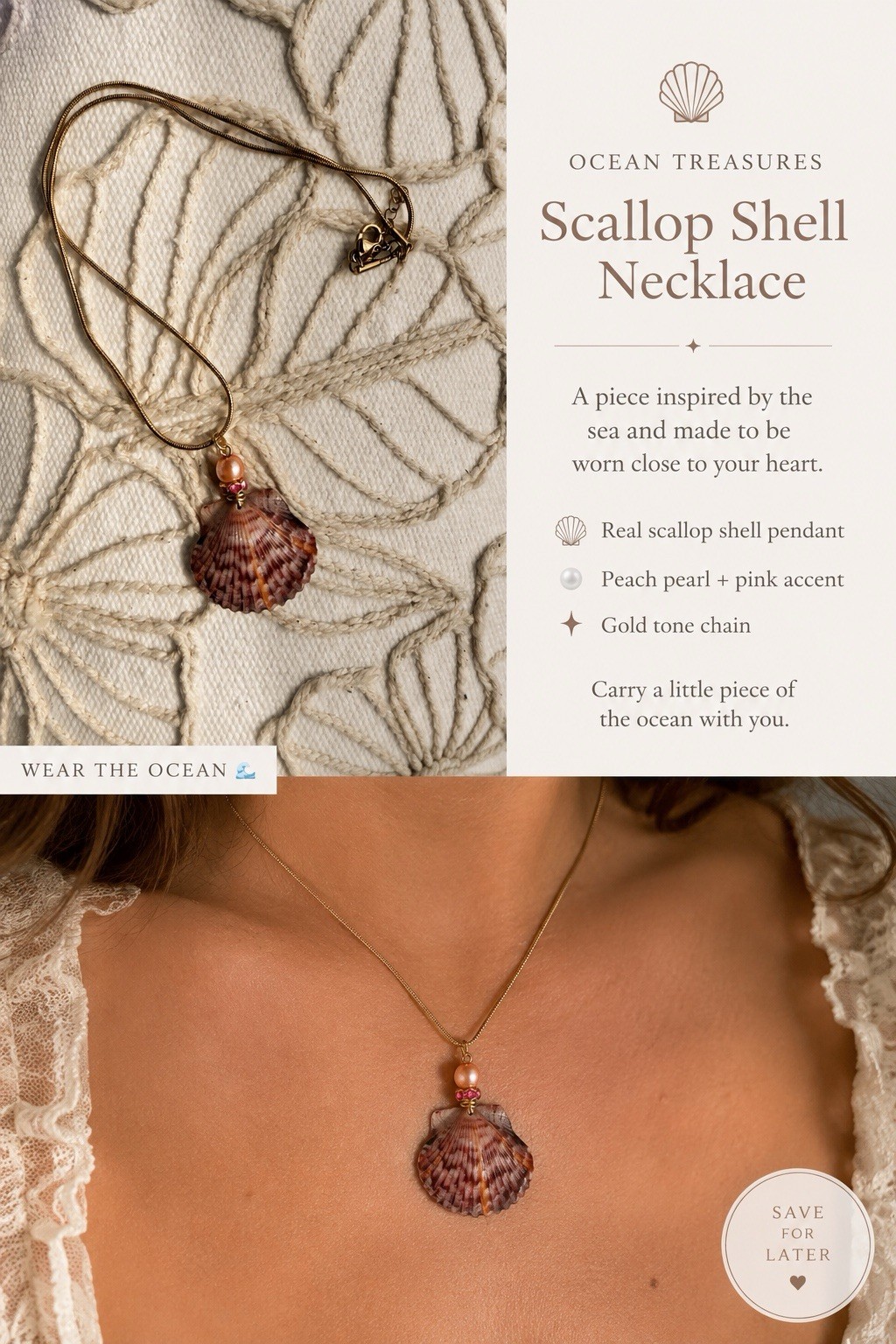 Ocean Treasures Scallop Shell Pendant Necklace Pearl Accent Gold Snake Chain