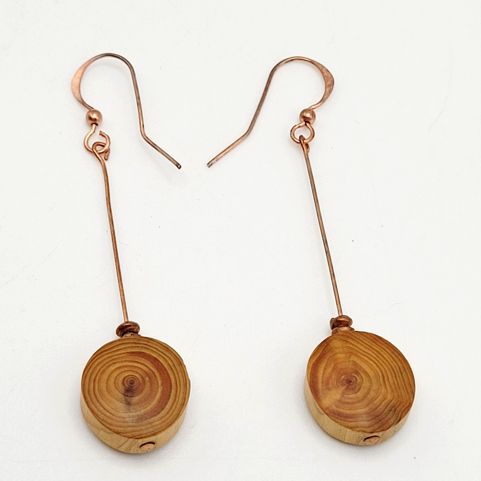 Artisan Handcrafted Round Wood Slice Drop Earrings Long Copper Wire Tree Ring
