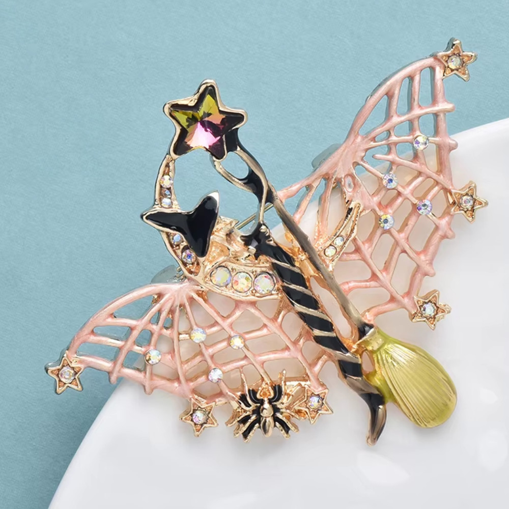 Gothic Halloween Witch Brooch Star Wand Web Wings Broom Sparkly Pin Jewelry Gift