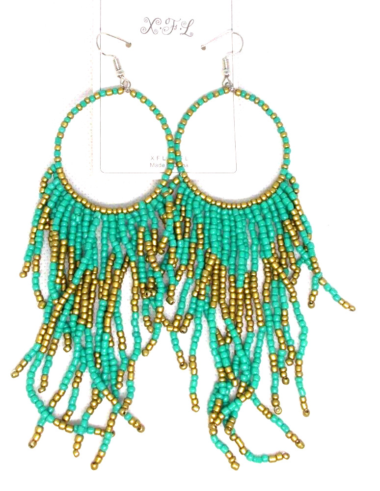 Boho earrings turquoise bronze Seed Bead Beaded Round Hoop Fringe Tassel Long ne