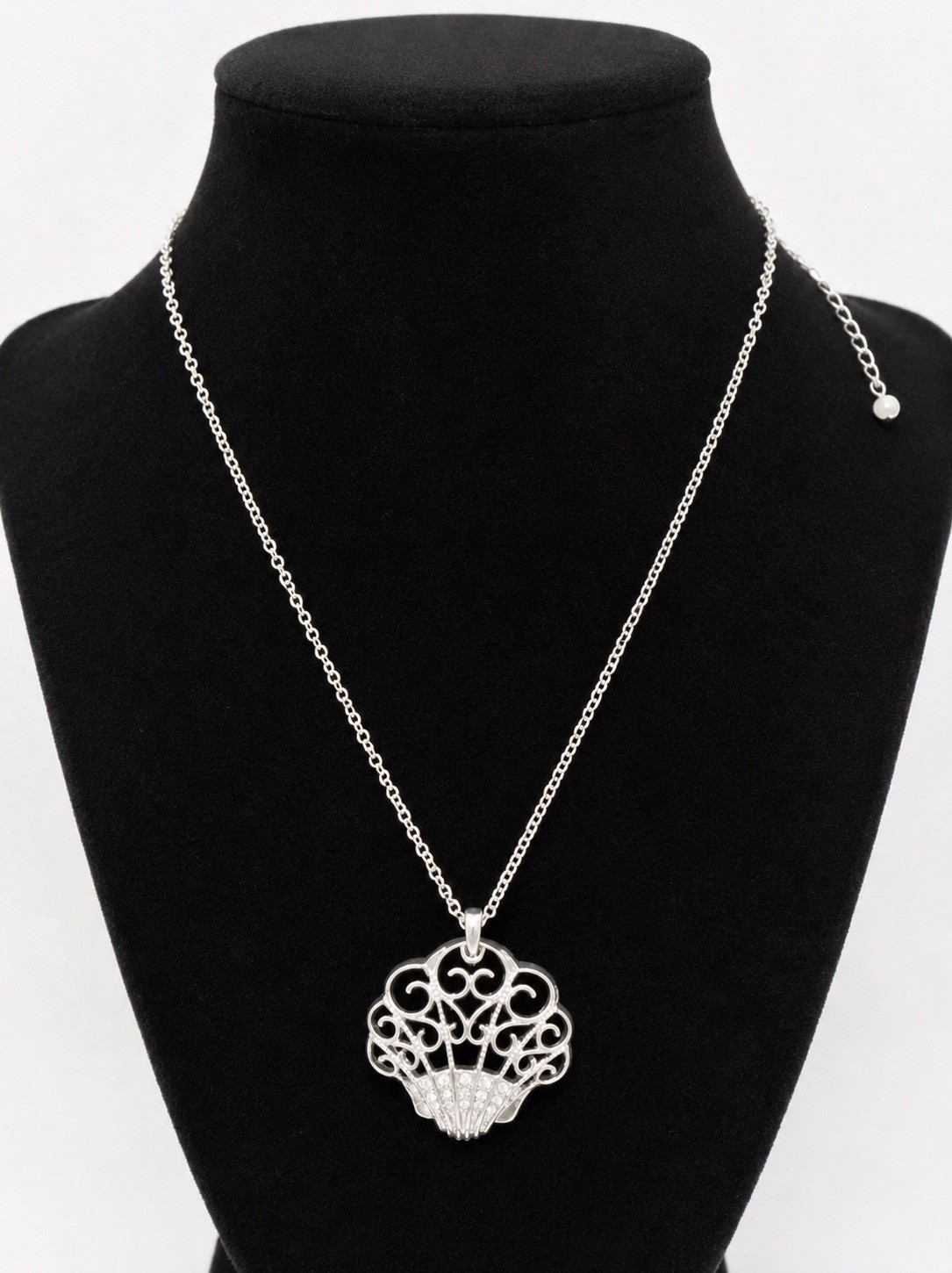 Silver Tone Filigree Seashell Pendant Necklace Rhinestone Beach Ocean Jewelry
