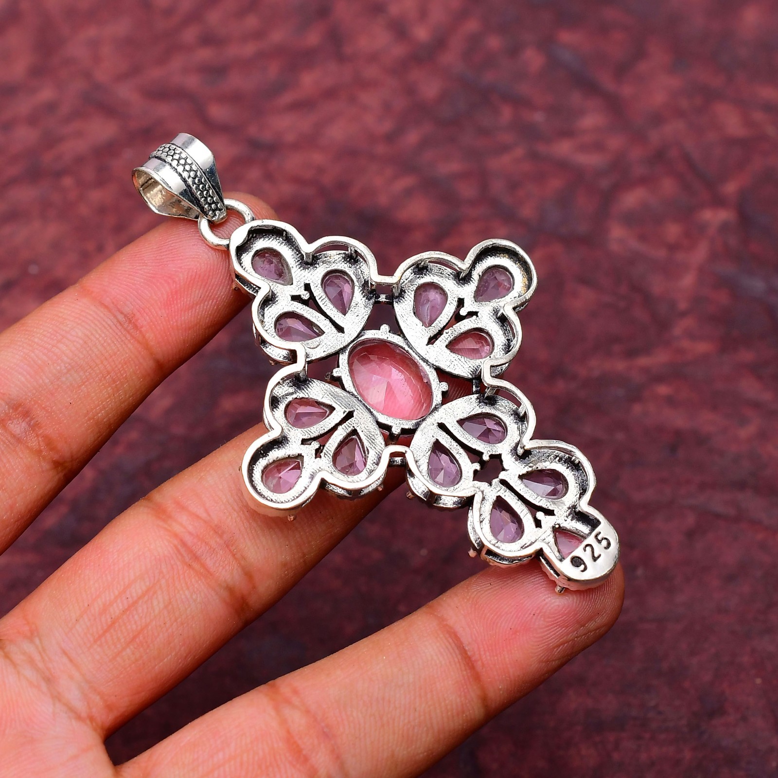 Pink Kunzite Gemstone 925 sterling silver Handmade Cross Pendant jewelry 2.75″