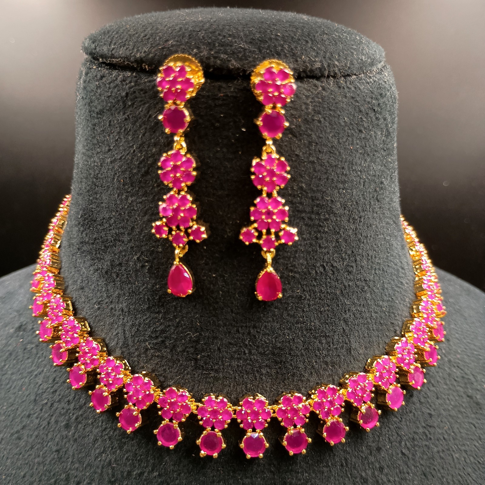 Boho Ruby Long Necklace Set 22K Gold Plated Handcrafted Gift For Her Jewelry