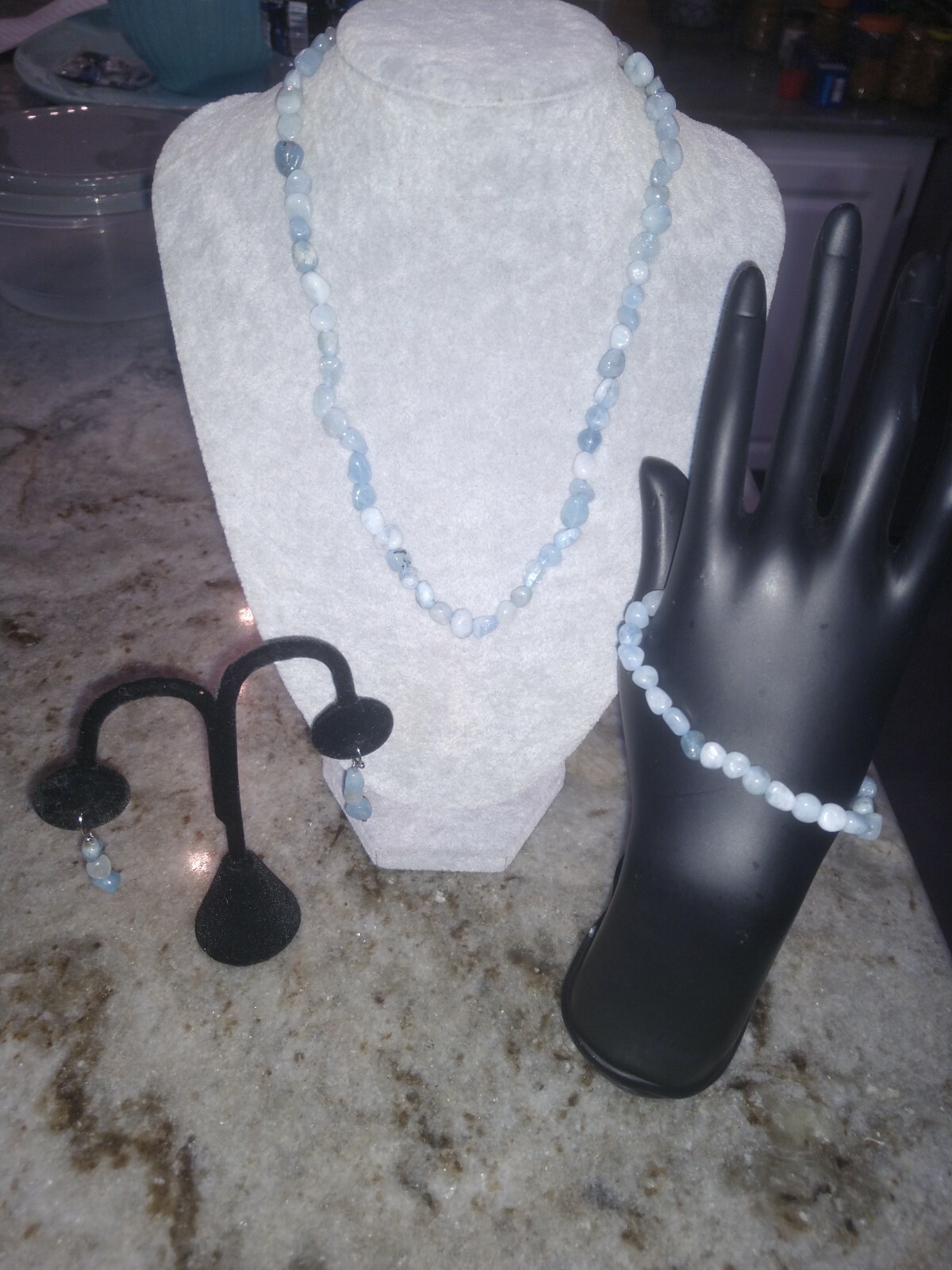 342 CARATS/ Aquamarine Bracelet, DangleEarrings&Ncklace,18-20″/StainlessSteel