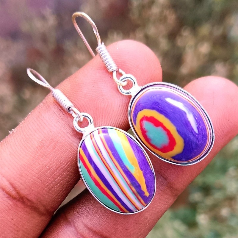 Rainbow Calsilica Gemstone Dangle Earring 925 Sterling Silver Plated Jewellery