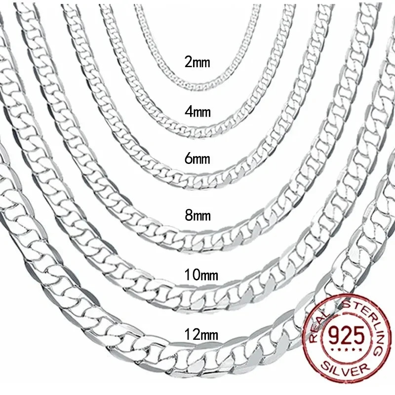 Sterling Silver Necklace 925 Solid 2-12mm Face Chain Lobster Clasp Men Jewelry