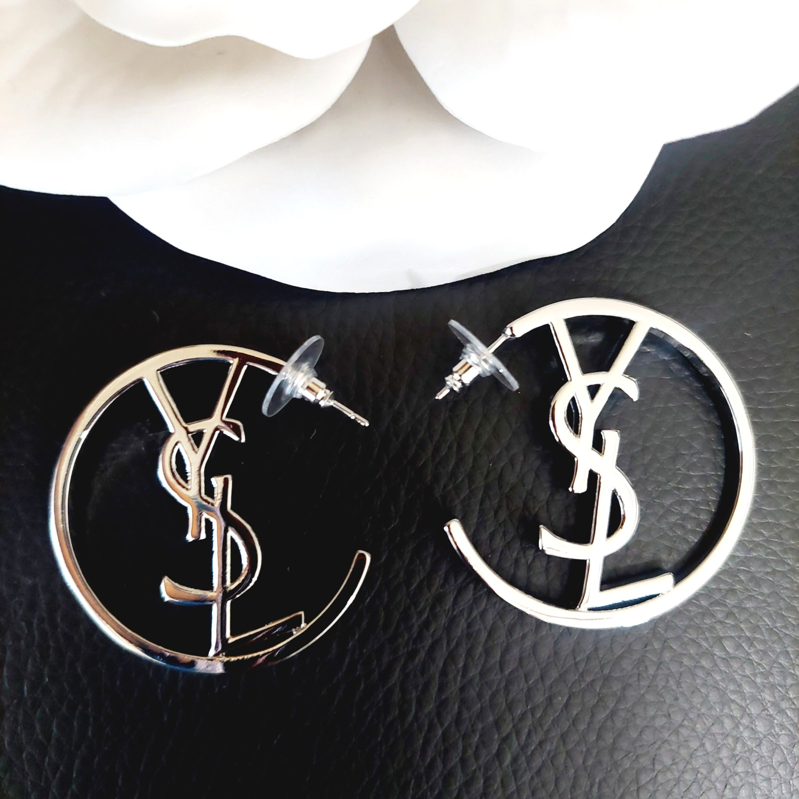 Auth. YVES SAINT LAURENT YSL LOGO Large HOOP EARRINGS Silver Tone