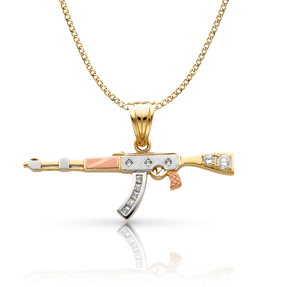 14K Tri Tone Gold CZ Rifle Gun Charm Pendant & 4.9mm Hollow Cuban Chain Necklace