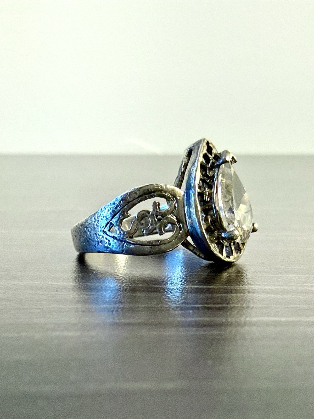 925 ATI Sterling Silver Teardrop Colorless CZ Cocktail Ring Size 6 Prong Set