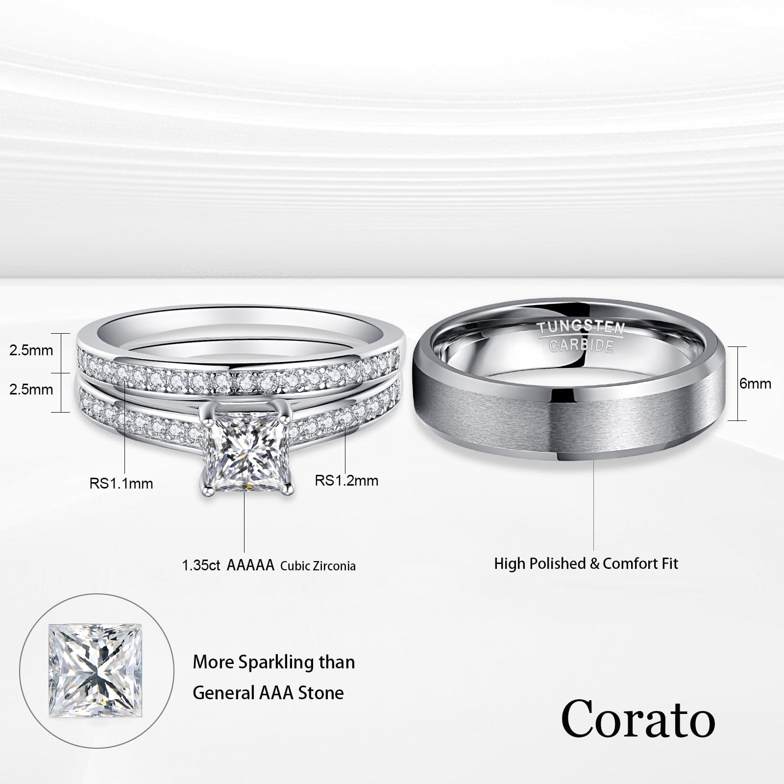Promise Rings for Couple – Princess Cut Fake Engagement Ring Set & Men’s Tung…