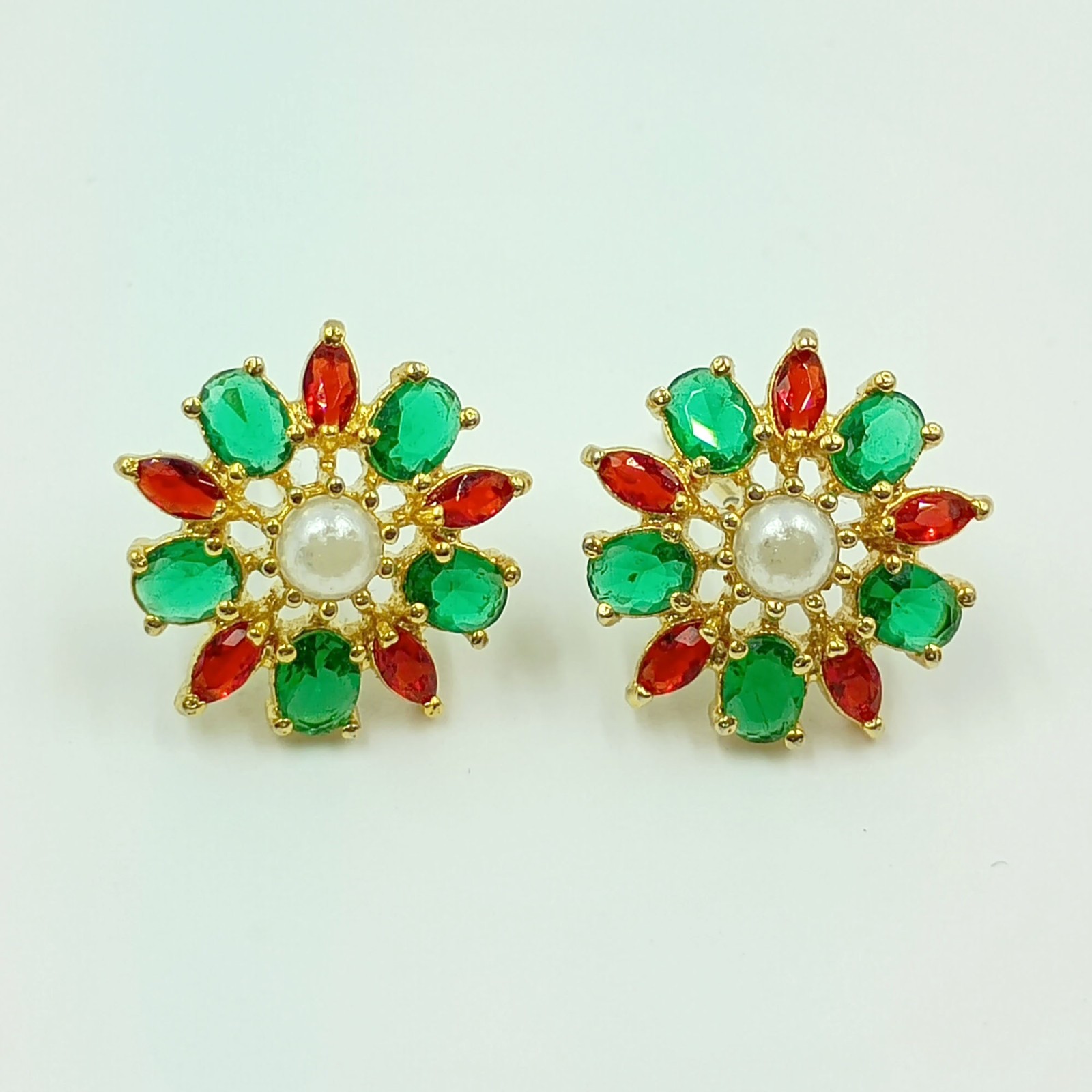 Elegant Ruby Emerald Pearl Stud Earrings 22k Gold Plated Indian Ethnic Jewelry