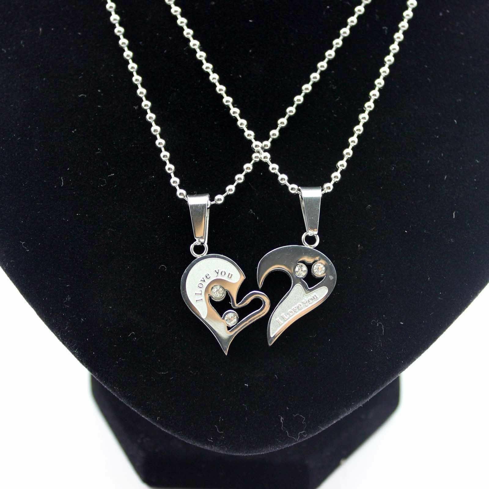 1Set Stainless Steel Couple Necklace Pendant Love Heart Matching With Chain