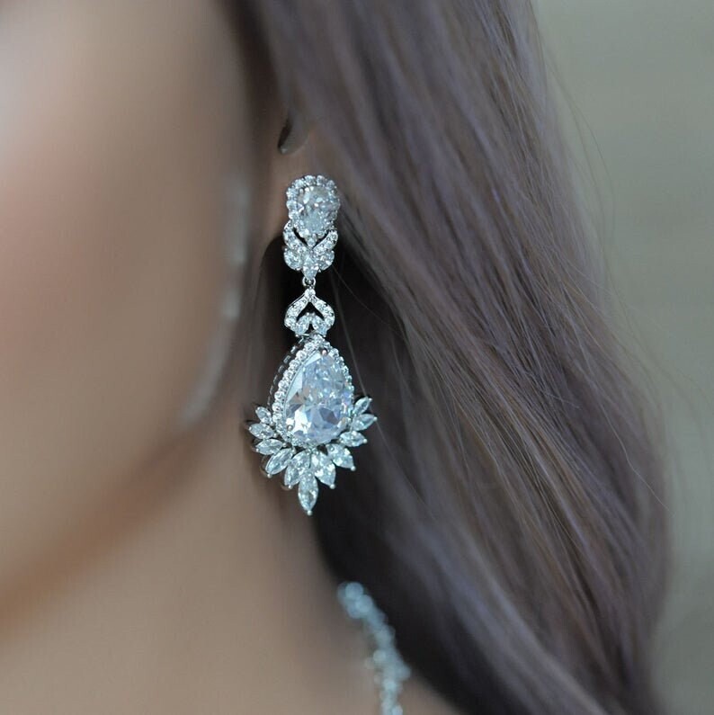 Wedding Jewelry White Gold Plated CZ Necklace and Earrings Bridal Jewelry Set