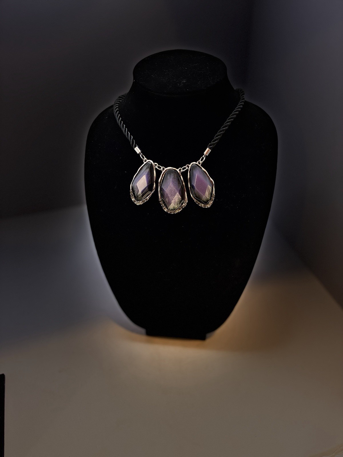Chico’s Authentic Purple 3-Stone Statement Bib Necklace Black Velvet Cord