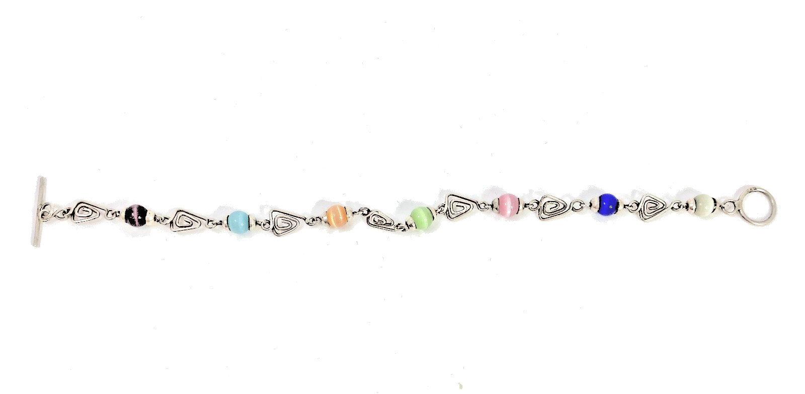 925 Silver & Multicolored Cat’s Eye Glass Triangle Link Chain Bracelet 8 in long
